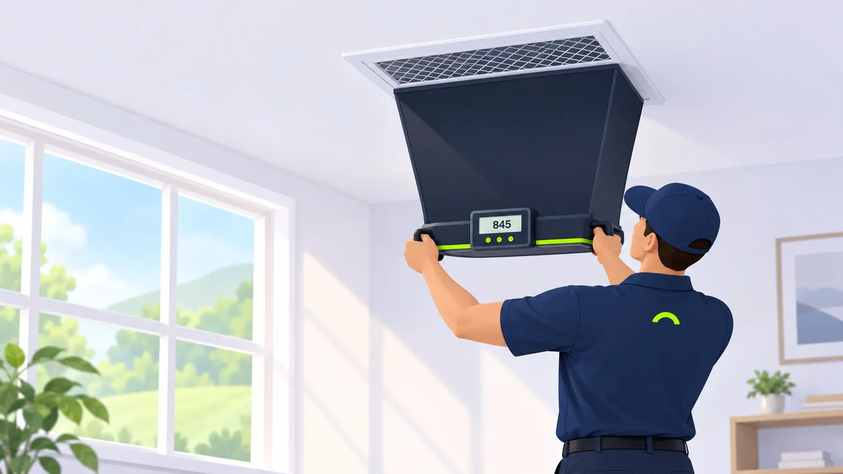 Illustration of a technician measuring airflow at a ceiling grille with a flow hood