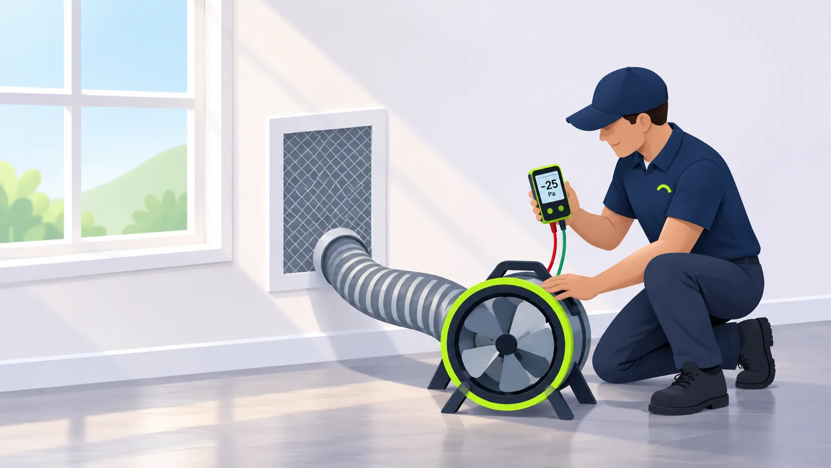 Illustration of a technician using a duct leakage tester and pressure gauge
