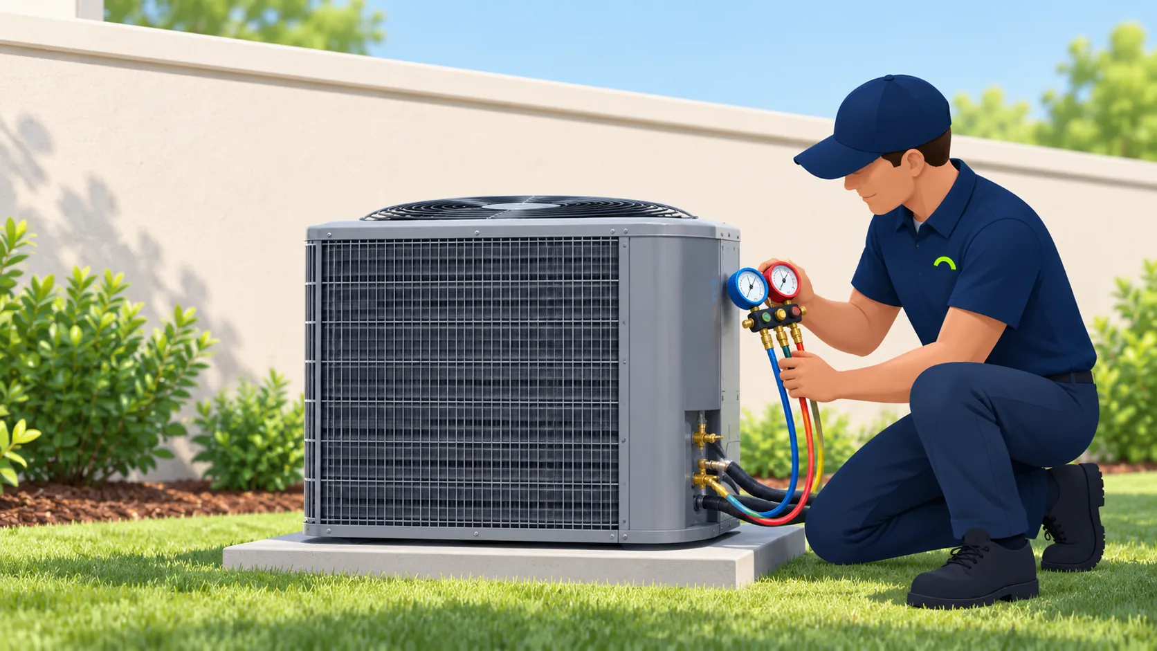 Illustration of a technician checking an outdoor condenser with refrigerant gauges